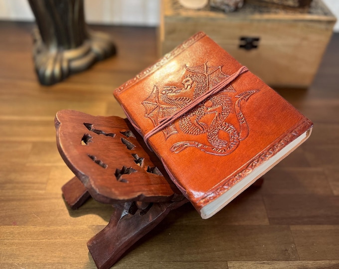 Journal Set | Dragon Leather Blank Book Journal and Wooden Book Stand Set | Apothecary | Grimoire | BOS