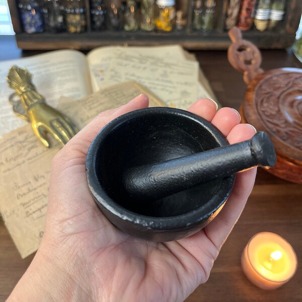 Small Palm Sized Cast Iron Cauldron Mortar and Pestle