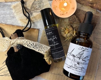 Ancestor Connection Samhain Set | Día De Los Muertos Set | Flower + Crystal Essence Blend + Oil + Mojo Charm Bag | Reiki Infused