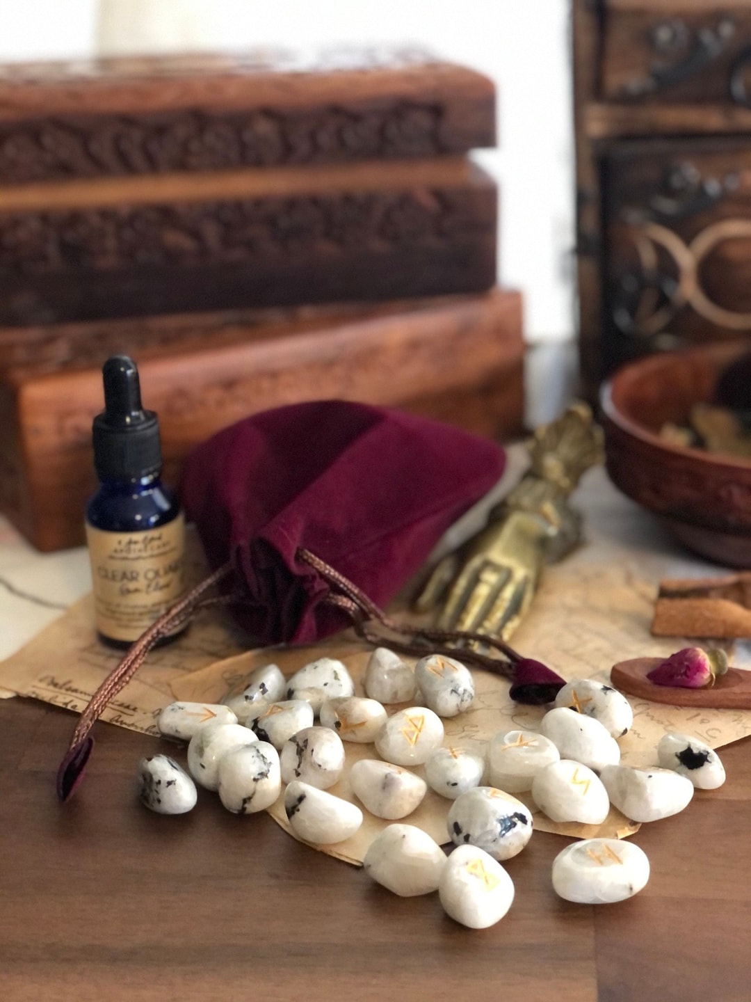 Crystal Elixir & Rune Set / Rainbow Moonstone Runes / Elder Futhark ...