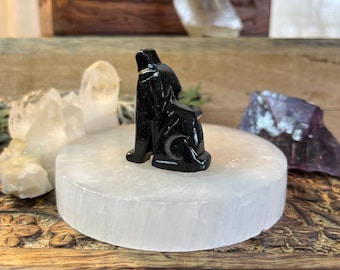 Black Onyx Howling Wolf Spirit Animal with Carved Crescent Moon