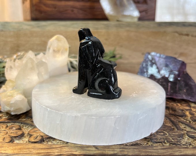 Black Onyx Howling Wolf Spirit Animal with Carved Crescent Moon