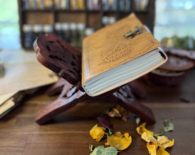 Journal Set | Owl Leather Blank Book Journal and Wooden Book Stand Set | Grimoire | BOS | Sketchbook