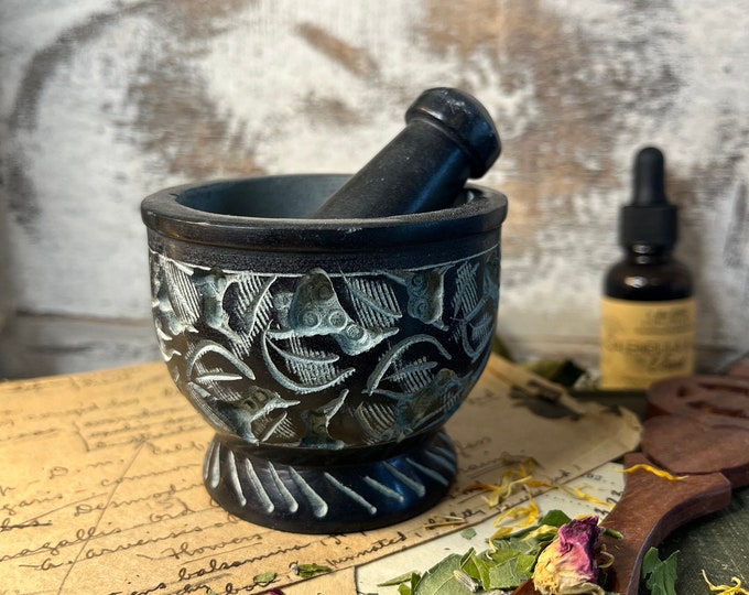 Small Floral Carved Mortar and Pestle