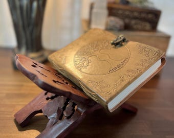 Journal Set | Celtic Tree of Life Goddess Leather Blank Book Journal and Wooden Book Stand Set | Apothecary | Grimoire | BOS