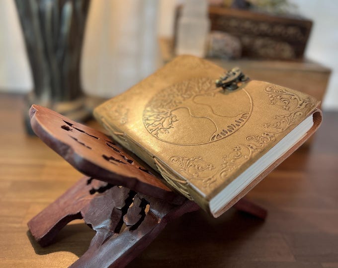 Journal Set | Celtic Tree of Life Goddess Leather Blank Book Journal and Wooden Book Stand Set | Apothecary | Grimoire | BOS