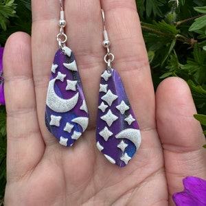 Celestial moon and star polymer clay drop earrings