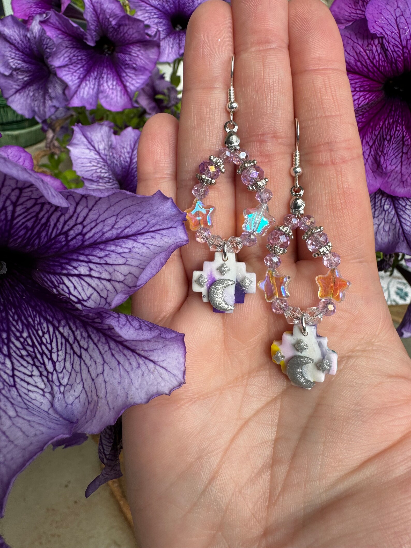 Aztec Sparkle Moon and Star Purple Polymer Clay Dangle Hoop Drop ...