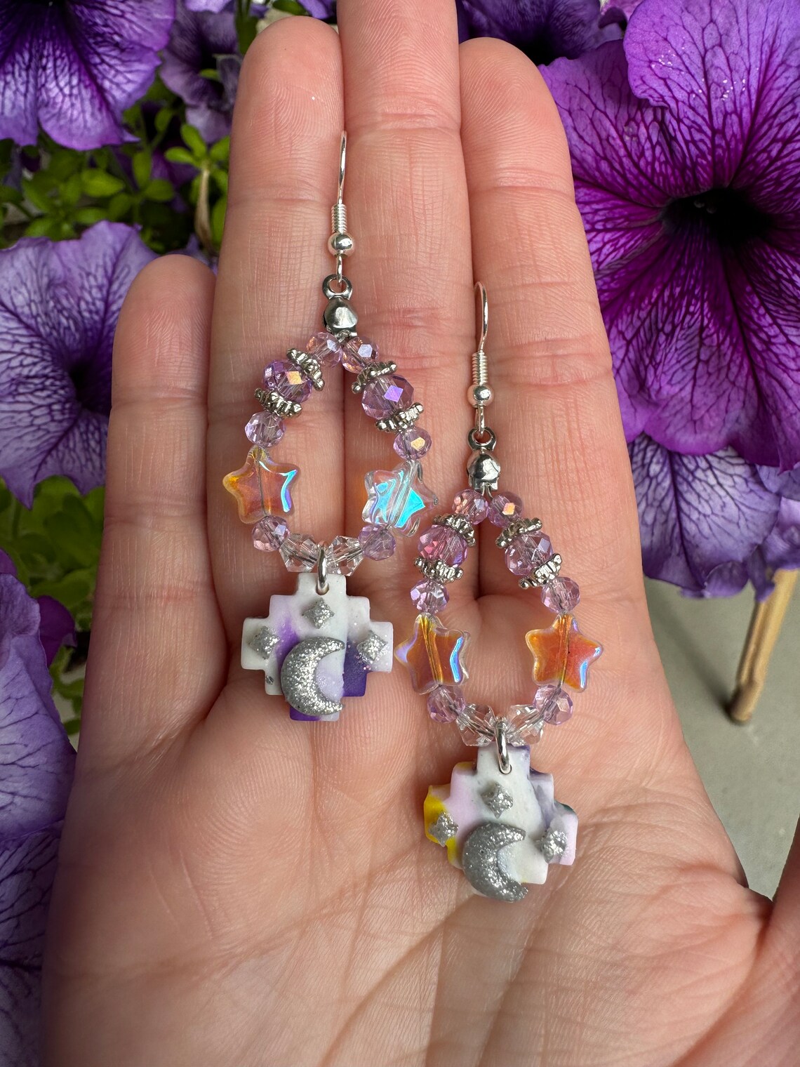 Aztec Sparkle Moon and Star Purple Polymer Clay Dangle Hoop Drop ...