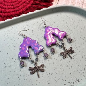 Sparkle Purple Blue Gradient Dragonfly Polymer Clay Earrings