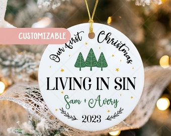 Personalized Living in Sin Ceramic Ornament, First Christmas Together Keepsake, Living in Sin Keepsake, Moving in Together L00264