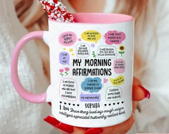 Mein Morgen Affirmationen Becher, personalisierte Motivationsbecher, Manifest Positivity Geschenk, individuelles Motivationsgeschenk, inspirierendes Geschenk 001196