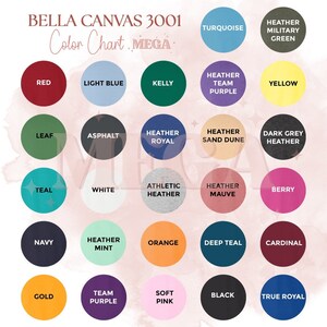 K&ouml;nnte beinhalten: Farbkarte f&uuml;r Bella Canvas 3001 T-Shirts, die 24 verschiedene Farben zeigt, darunter Rot, Teal, Wei&szlig;, Marine, Gold und Schwarz.