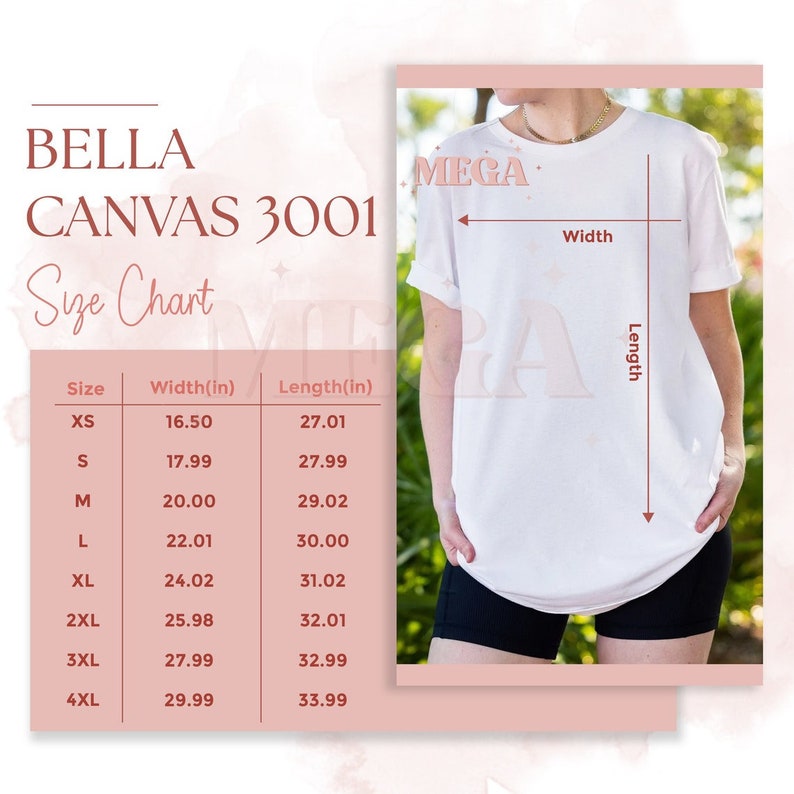 K&ouml;nnte beinhalten: Eine Gr&ouml;&szlig;entabelle f&uuml;r Bella Canvas 3001 T-Shirts, die die Ma&szlig;e in Zoll f&uuml;r die Gr&ouml;&szlig;en XS bis 4XL zeigt. Die Tabelle zeigt die Breite und L&auml;nge jeder Gr&ouml;&szlig;e.