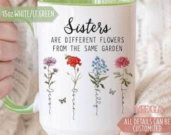 Taza personalizada para hermanas, taza con flores del mes de nacimiento, taza personalizada con nombres de hermanas, taza "Jardín de la Hermana" 006125