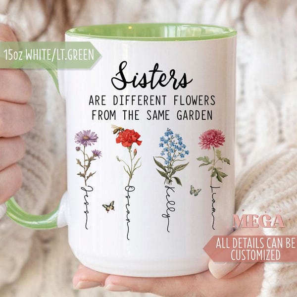 Personalized Sisters Mug, Custom Birth Month Flower Mug, Personalized Sisters Names Mug, Sister's Garden Mug 006125