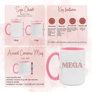 May include: White ceramic mug with a pink handle and rim. The mug is 11oz or 15oz and has a two-tone rim. The mug is microwave and dishwasher safe. The mug has the text "MEGA" in pink lettering with gold stars.