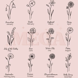 May include: A black and white illustration of 12 different flowers, each representing a month of the year. The flowers are drawn in a simple, elegant style. The names of the flowers and their corresponding months are listed below each illustration.