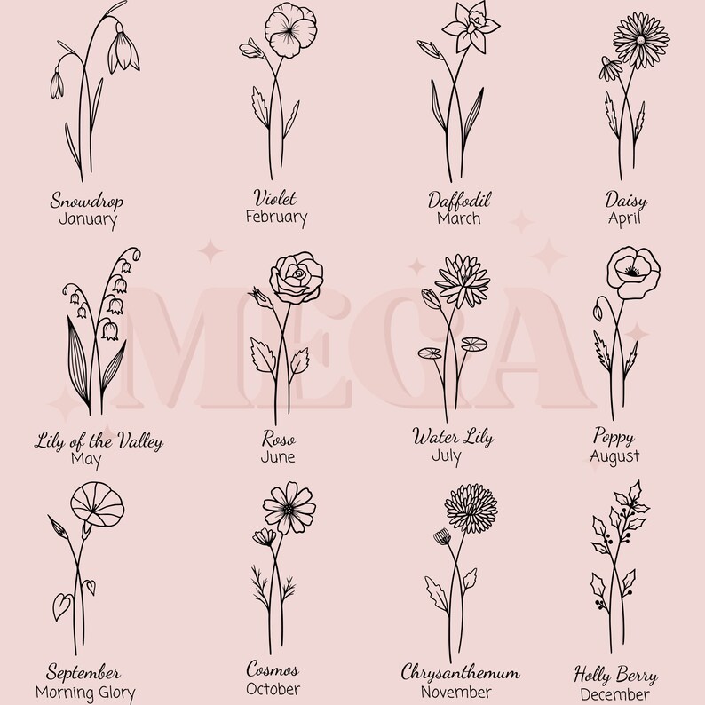 May include: A black and white illustration of 12 different flowers, each representing a month of the year. The flowers are drawn in a simple, elegant style. The names of the flowers and their corresponding months are listed below each illustration.