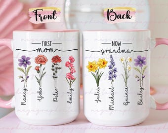 Personalized Mom Grandma Garden Mug, First Mom, Now Grandma Garden Gift, Birth Flower Gift For Grandma Mom 002538