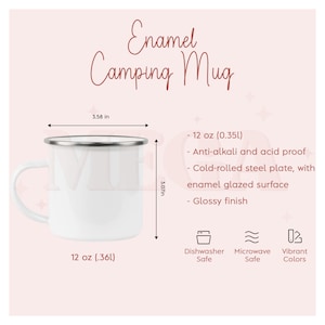 May include: White enamel camping mug with a silver rim. The mug is 3.58 inches wide and 3.07 inches tall. It holds 12 ounces and is dishwasher, microwave, and vibrant color safe.