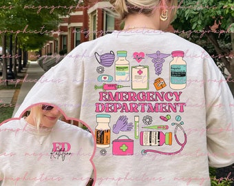 May include: A light gray sweatshirt with a pink and blue graphic design of medical supplies and the text "EMERGENCY DEPARTMENT". The design includes a stethoscope, a syringe, a thermometer, a pill bottle, a first aid kit, and a pair of gloves. The sweatshirt is customizable.