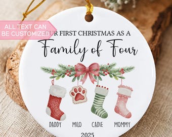 Family of Four Christmas Ornament, Custom New Family Ornament, Family Ornament with Pet, Family of 4 Gift, Baby's First Christmas 004967