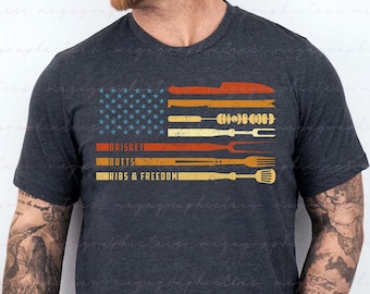 Grill Dad Shirt, BBQ Shirt With American Flag, Grilling Gifts For Dad, Gift for BBQ Smoker, Funny Chef Shirt 001558
