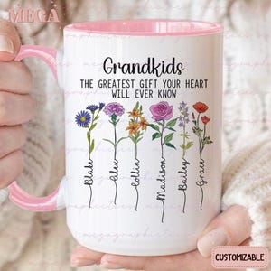 Personalisierte Oma Tasse, Omas Garten Geburtsblumentasse, kundenspezifischer Geburtsmonat Blumentasse, Oma mit Enkelkindern Geschenken 002868