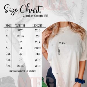 Puede incluir: Tabla de tallas para camisetas Comfort Colors 1717. La tabla enumera las tallas S a 4XL, con las medidas de ancho y largo correspondientes en pulgadas. La tabla tambi&eacute;n muestra las medidas de ancho y largo de la camiseta.