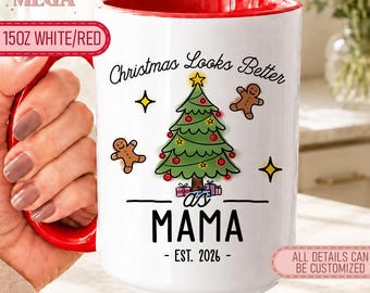 Christmas Mama Mug, Personalized Promoted to Mama Gift, Custom Mama to Be Gift, New Mom Pregnancy Announcement Gift MD00589
