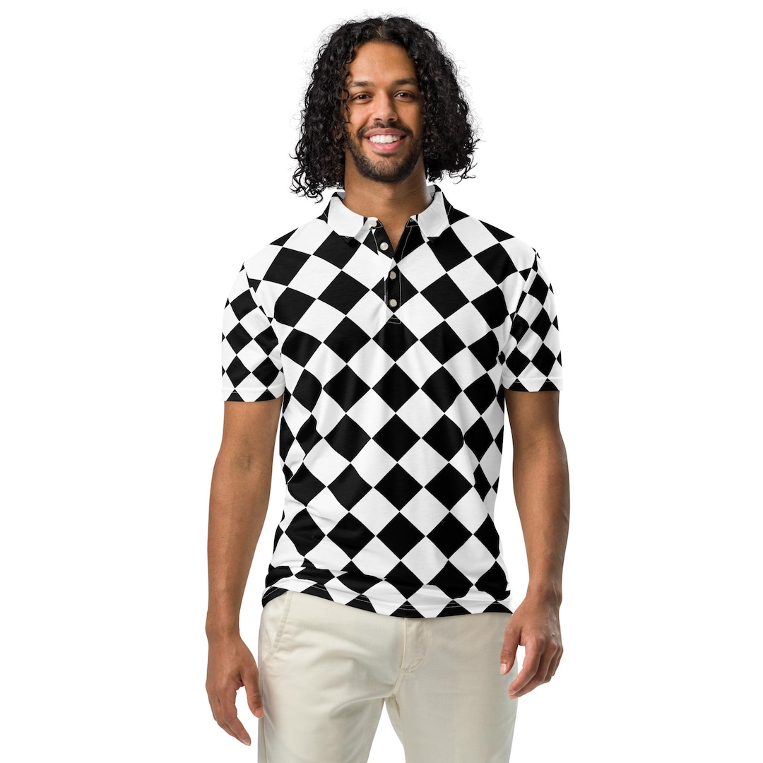 Checkered Polo Shirt – Slim Fit Black and White Harlequin Pattern Golf ...