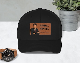 Funny Ronald Reagan Hat – I Smell Hippies Trucker Cap – Conservative Political Mesh Hat – Vintage Republican Humor Gift