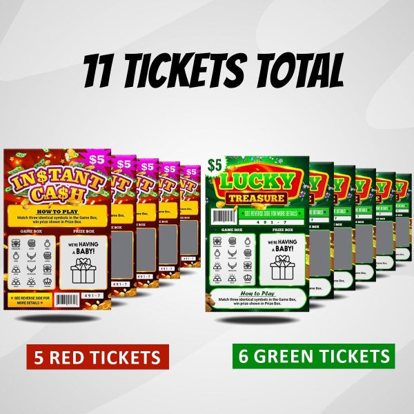 11 CARD COMBO - Pregnancy Announcement Lottery Scratch-Off Tickets - 6 Green and 5 Red Tickets - Great For Husband, Grandparents, Family
