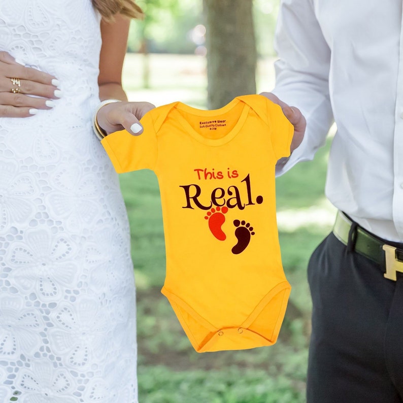 Bright Yellow Color and Soft 100/% Cotton Pregnancy Announcement Baby One-Piece Bodysuit Great Pregnancy Reveal
