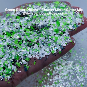 Purpurina a granel - &quot;Dólares Verdes Plateados&quot;, 1 lb por peso, mezcla de purpurina de poliéster verde neón y plateada con efecto espejo, resistente a solventes.