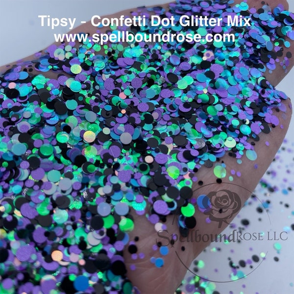 Dots, Confetti Dots Glitter, Purple, Black, Aqua Blue/Green Mixed Dots, "Tipsy”, Glitter Dots, Solvent Resistant Glitter, 2oz by weight
