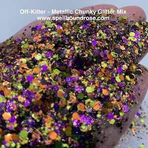 Off-Kilter, Polyester Metallic Chunky Glitter Mix, Purple, Orange and Goldish Green Chunky Mix Glitter, Solvent Resistant, 2oz by weight