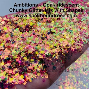 Iridescent/Opal Chunky Glitter, Polyester Chunky Mix Glitter, Soft Pink/Green Glitter with Shapes, "Ambitions", Solvent Resistant, 2oz by wt