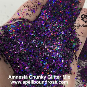 Purpurina a granel - “Amnesia”, 1 lb por peso, purpurina gruesa negra y morada, mezcla de purpurina gruesa negra y morada, resistente a solventes