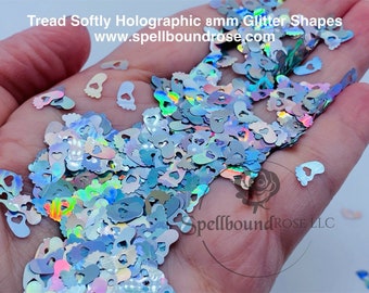 Silver Holographic Baby Feet Glitter (8MM), Small Silver Feet Confetti. "Tread Softly", Solvent Resistant Glitter,  1oz by weight