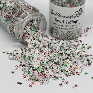 Frohe Botschaft || Schneeflocke Chunky Weihnachten Glitzer Mix Mit Vier Punkt Sternen || Weihnachts Glitzer Mix || Lösungsmittelbeständig || 1oz nach Gewicht