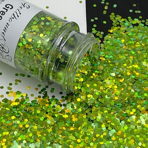 Green Trick || Polyester Green Holographic Chunky Glitter 2MM Hex, Chunky Green Holographic Glitter, Solvent Resistant, 2oz by weight