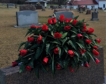 Cemetery Flowers, Grave Decoration Double Headstone Saddle, Memorial Arrangement, Gravestone Decoration, Grave Saddle, Red Roses, Spring