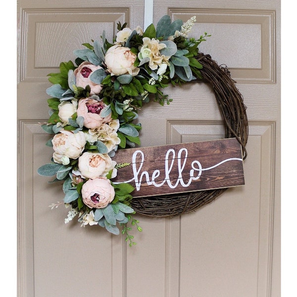 Hello Wreath, Wreaths for Front Door, Peony, Peonies, Lambs Ear, Summer, Housewarming Gift, Birthday, Etsy Wreaths, Best Seller
