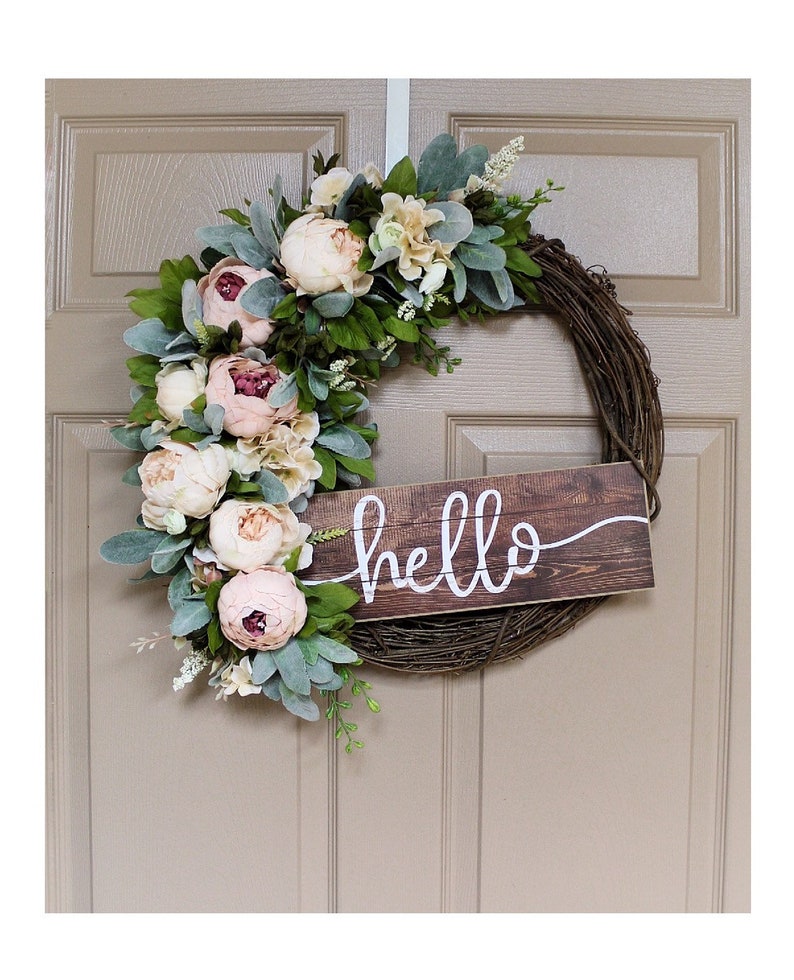 Front Door Wreaths Spring Wreath Hello Sign Peony Home