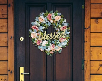 Coronas de primavera para puerta de entrada, con peonías, corona de vid, con orejas de cordero, estilo shabby chic, corona floral, coronas