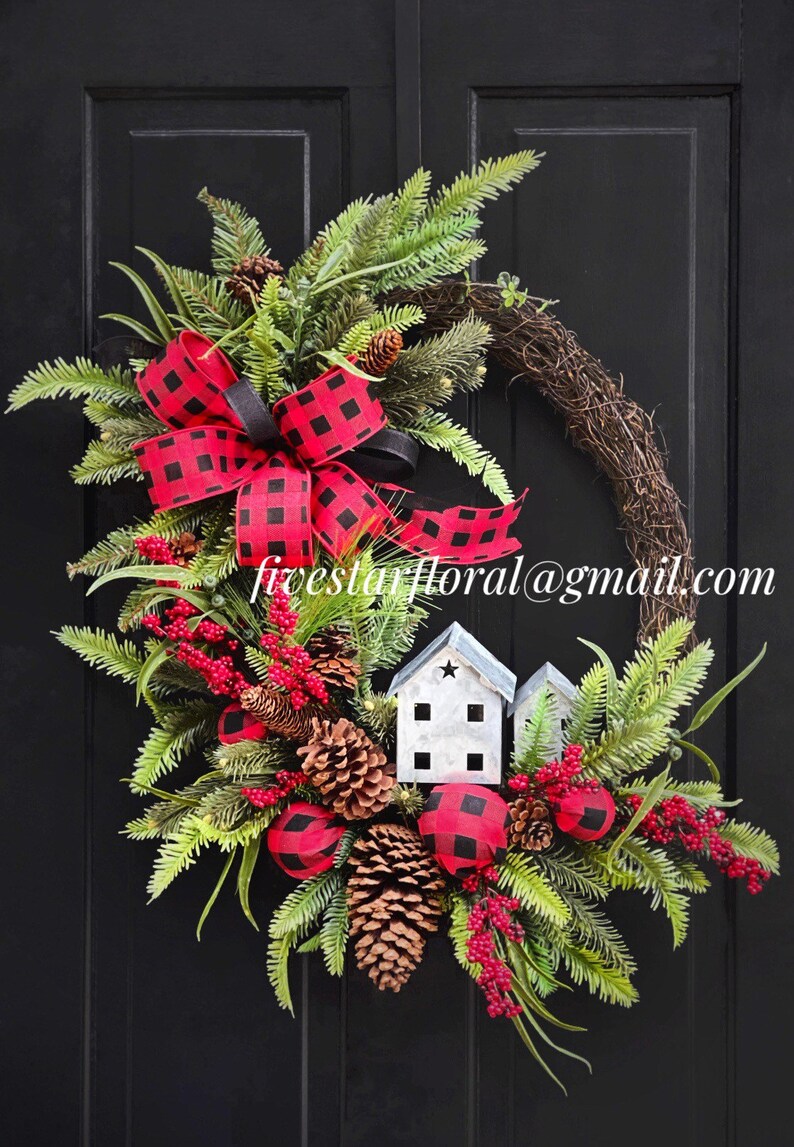Christmas Wreath for Front Door, Buffalo Plaid Christmas Decor, Wreaths, Winter Wreath, Holiday Wreath, Housewarming Gift, Gifts image 2