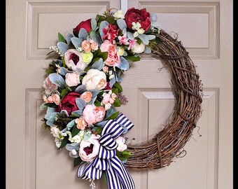 Spring Front Door Wreaths with Peony and Lambs Ear, Pink and Burgundy Peony, Spring Wreath, Peonies, Shabby Chic