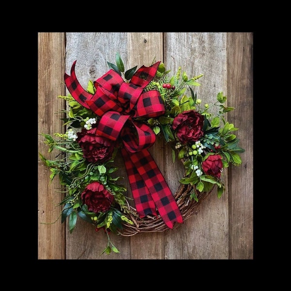 Farmhouse Wreath, Christmas Decor, Holiday Wreaths, Buffalo Plaid, Red and Black Check, Gifts, For Her, Rustic, Grapevine,  Winter Door